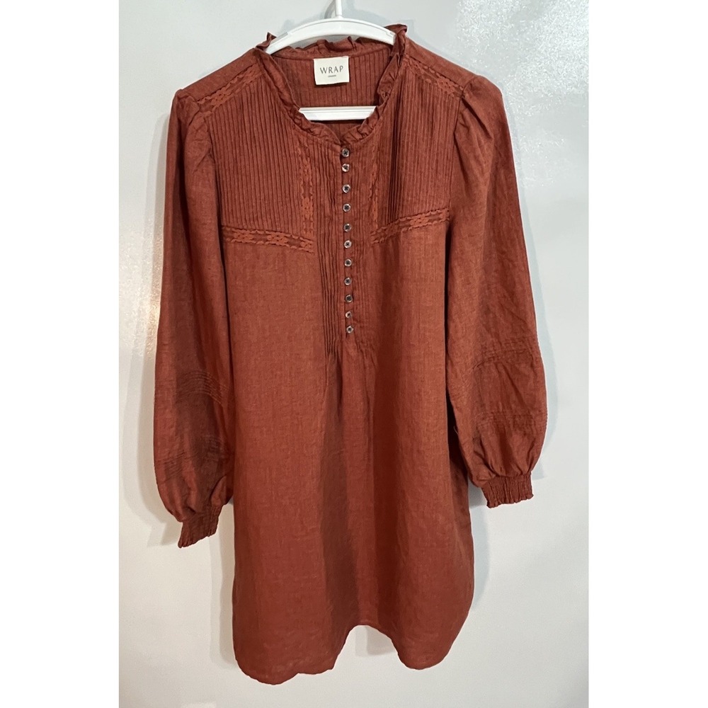 Wrap London Size 10 Rust Lace Pintuck Ruffle Button Dress Linen Feminine NWT